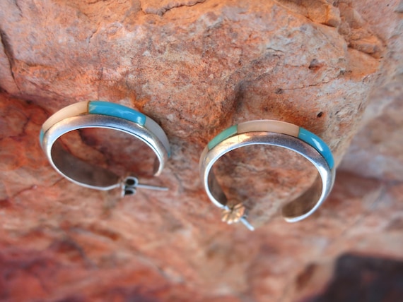 Zuni Inlay Turquoise & Mother of Pearl Hoop Earri… - image 1