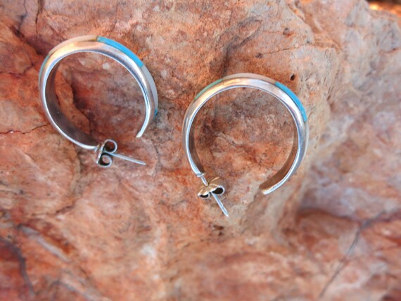 Zuni Inlay Turquoise & Mother of Pearl Hoop Earri… - image 3