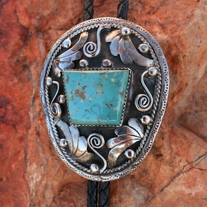 High Grade Turquoise Bolo Tie, Foliate Silver Details, Sterling