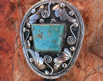 High Grade Turquoise Bolo Tie, Foliate Silver Details, Sterling