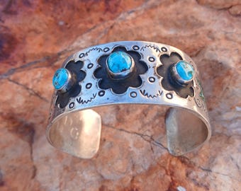 6 Inch Wrist Vintage Native American Navajo Signed Turquoise