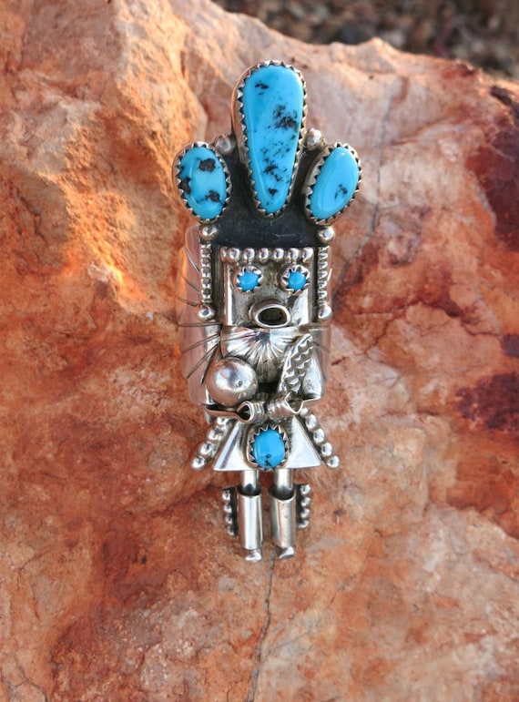 NAVAJO KACHINA RING, Turquoise, Signed, Sterling