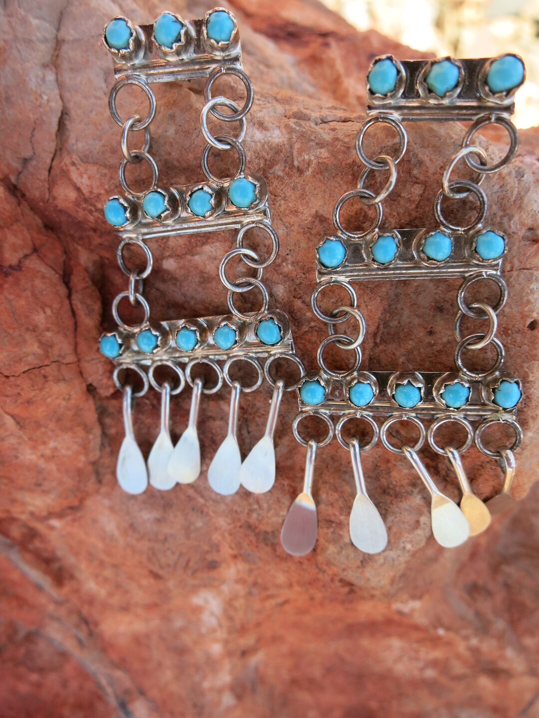 VINTAGE ZUNI CHANDELIER Earrings, Turquoise Petit Point, Signed