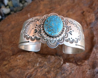 NAVAJO TURQUOISE Bracelet, Signed " E.WYLIE", Sterling