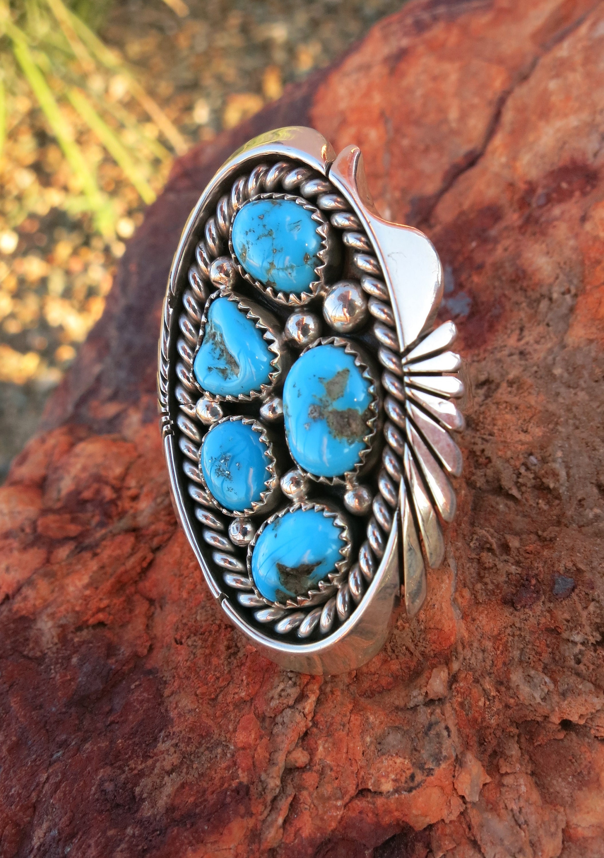 Huge Cal Peterson Vintage Native American Navajo Turquoise Sterling Silver Inlay Bracelet Huge Cal Peterson Vintage Native American Navajo Turquoise Sterling Silver Inlay Bracelet