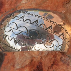 WIDE NAVAJO BRACELET, Vintage,  Stamped Designs, Signed & Sterling