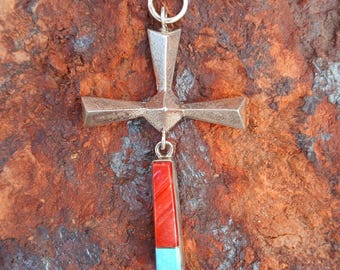 ZUNI SPINY TURQUOISE Cross Pendant, Signed & Sterling