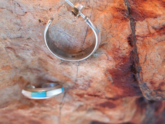 Zuni Inlay Turquoise & Mother of Pearl Hoop Earri… - image 5