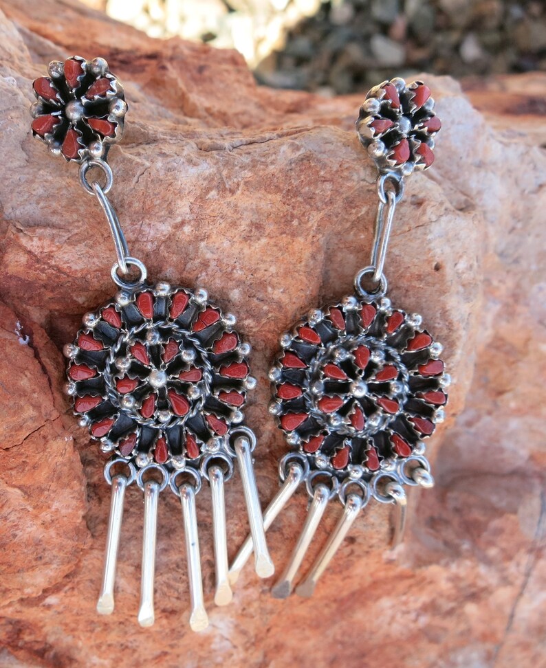 VINTAGE ZUNI CHANDELIER Earrings Coral Petit Point & Sterling Etsy