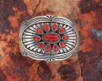 REW DINEH NAVAJO Bracelet, Coral, Signed, 68 Grams Sterling