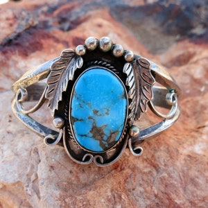 OLD TURQUOISE NAVAJO Bracelet, Sterling Silver Foliate, Ca 1950