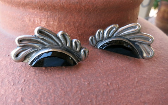 AMAZING VINTAGE EARRINGS, Onyx & Silver, Handmade