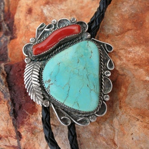 HUGE TURQUOISE BOLO,  Navajo, Coral Stem Cabochon, Signed, Sterling Silver