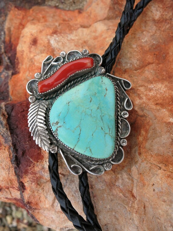 HUGE TURQUOISE BOLO,  Navajo, Coral Stem Cabochon… - image 1