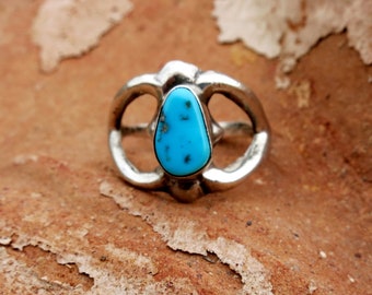 Vintage Navajo Turquoise Ring, Sand Cast, Size 8, Sterling Silver