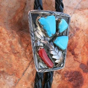 VINTAGE NAVAJO BOLO, Turquoise & Coral, Handmade, Bennett Clasp,  Sterling