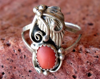 Vintage Navajo Coral Ring Applied Leaf & Navajo Beads, Size 7, Sterling Silver