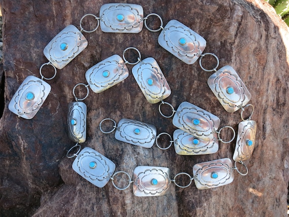NAVAJO TURQUOISE CONCHO Belt, 166 Grams, Signed Yazzie & Stamped Sterling
