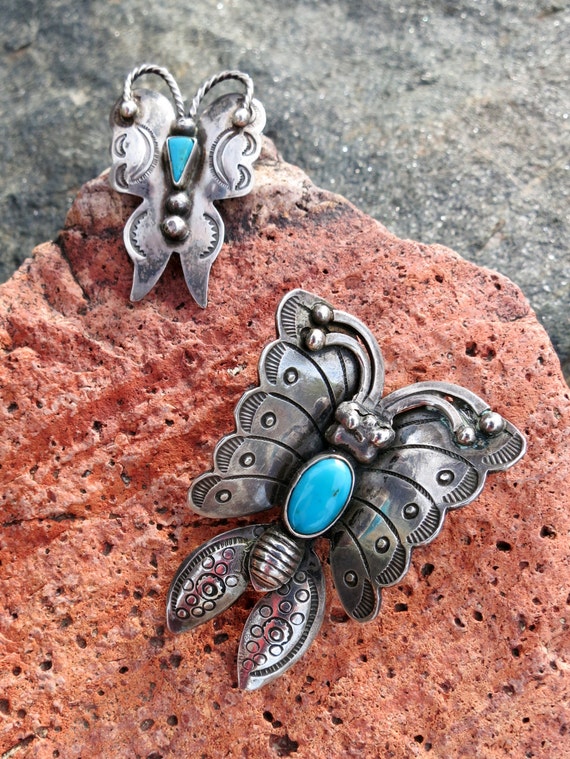 Vintage Navajo Butterfly Brooch Turquoise, Sterli… - image 5