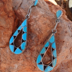 ZUNI TURQUOISE INLAY Earrings, Signed & Sterling
