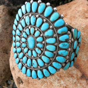 MAGNIFICENT ZUNI CLUSTER Bracelet, Blue Gem Turquoise Petit Point, 7 3/8&quot;, Circa 1950-60