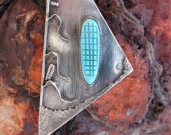 UNIQUE NAVAJO BOLO Tie, Turquoise Carved Corn, Sterling Silver