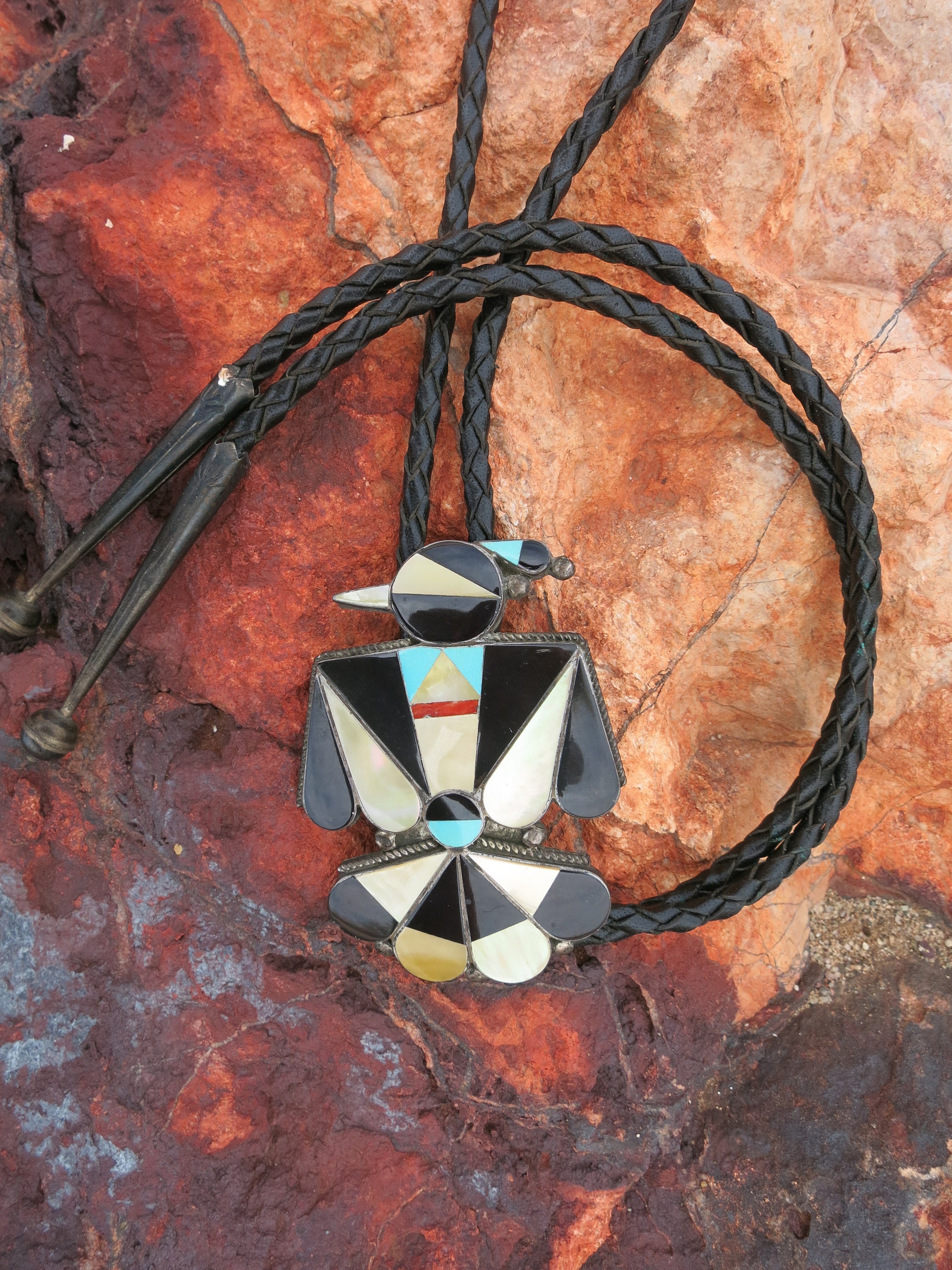 VINTAGE ZUNI BOLO Tie, Thunderbird Inlay, Signed, Sterling