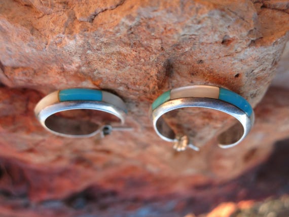 Zuni Inlay Turquoise & Mother of Pearl Hoop Earri… - image 2