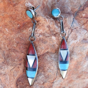 ZUNI INLAY DANGLE Earrings, Turquoise, Coral & Onyx, Sterling Silver