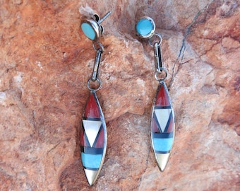 ZUNI INLAY DANGLE Earrings, Turquoise, Coral & Onyx, Sterling Silver