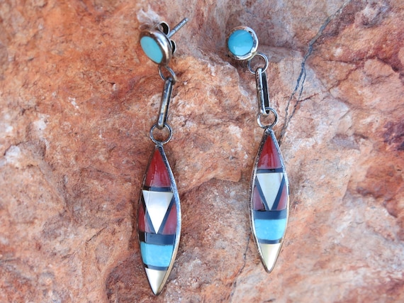 ZUNI INLAY DANGLE Earrings, Turquoise, Coral & On… - image 1