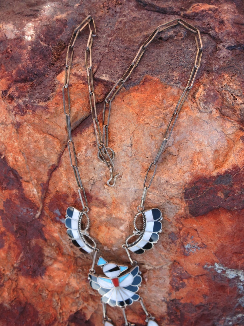 VINTAGE ZUNI INLAY Necklace Signed Sterling Ca 1960 Etsy New Zealand
