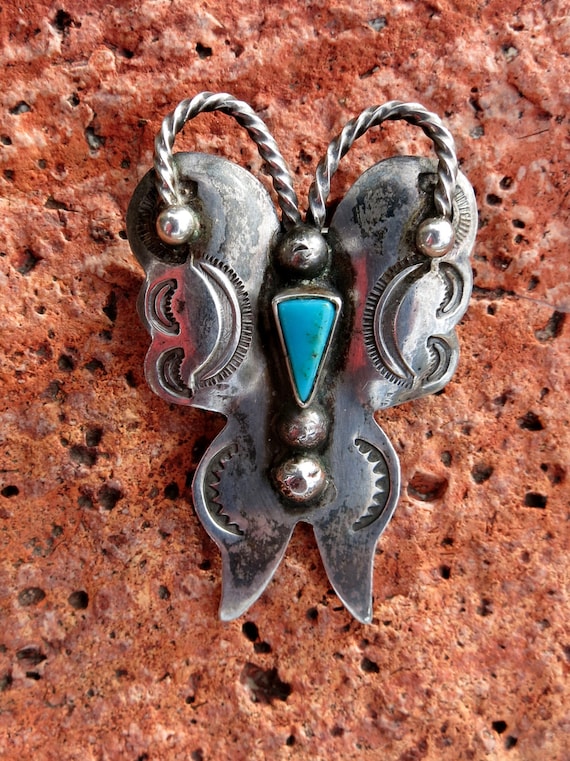 Vintage Navajo Butterfly Brooch Turquoise, Sterli… - image 1