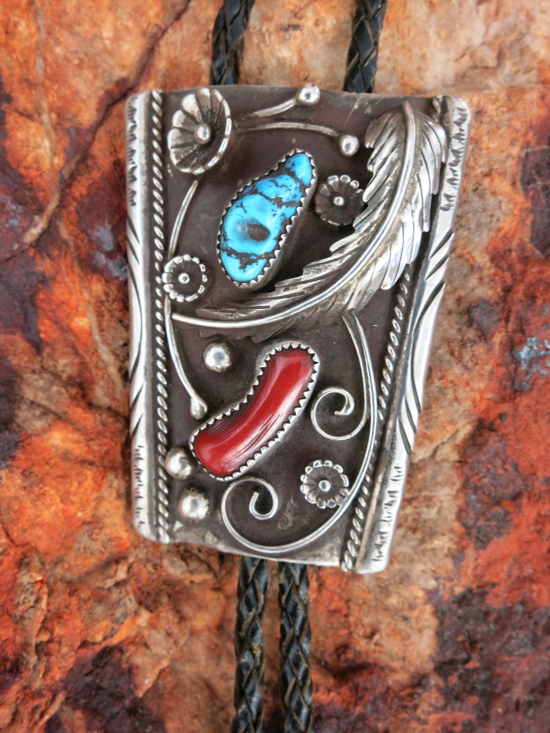 アクセサリー BernardDawahoya SterlingSilver BoloTie VINTAGE NAVAJO BOLO Tie, Turquoise & Coral, Bennett Pat. Pend