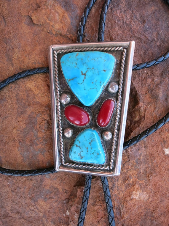 LARGE NAVAJO BOLO, Turquoise & Coral, Sterling Sil