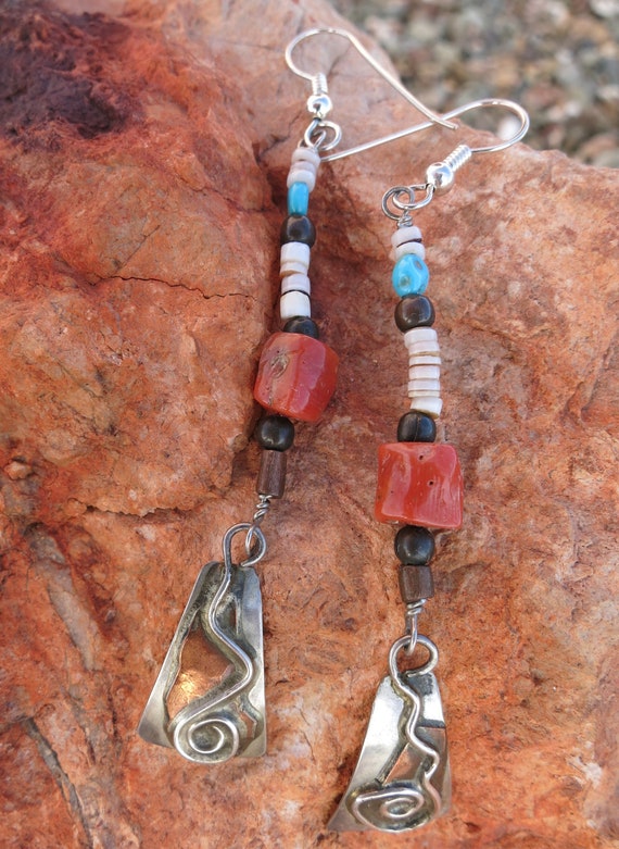 Vintage Native Dangles Earrings, Turquoise & Cora… - image 1