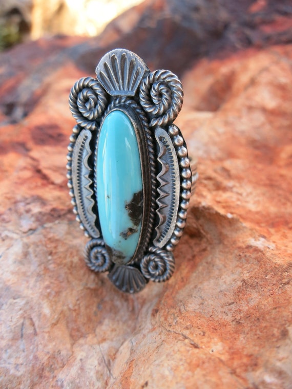 NAVAJO TURQUOISE RING, Sz 7, Signed and Sterling - image 1