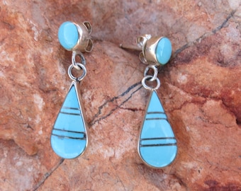 ZUNI TURQUOISE DANGLE Earrings, Channel set Sterling, Signed