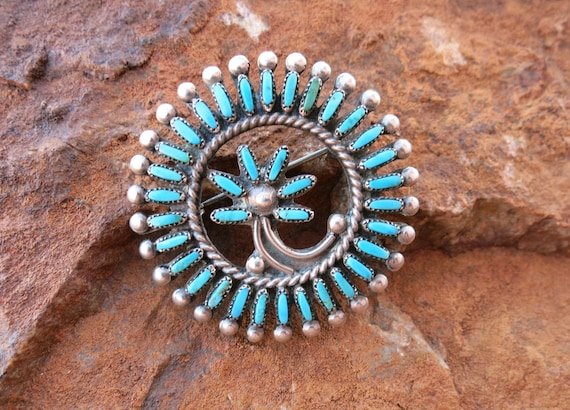 ZUNI TURQUOISE BROOCH, Signed and Sterling