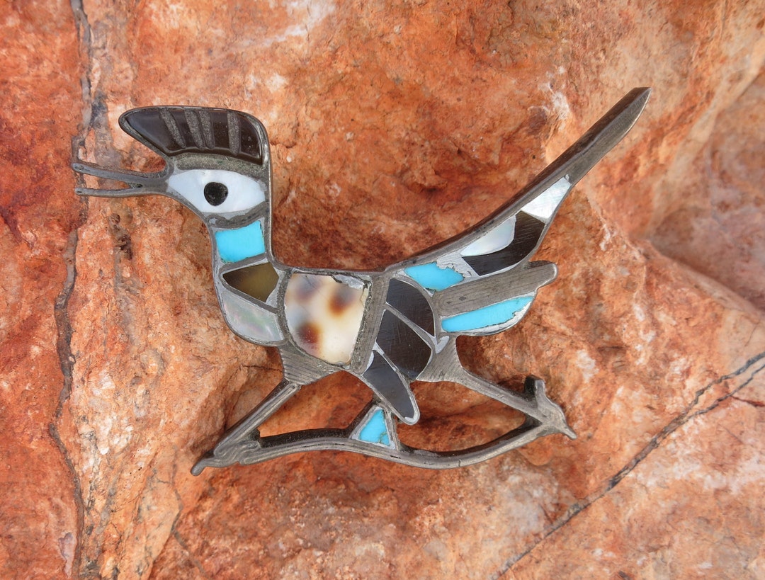 VINTAGE ZUNI ROADRUNNER Brooch, Turquoise, Sterling Silver Circa 1940