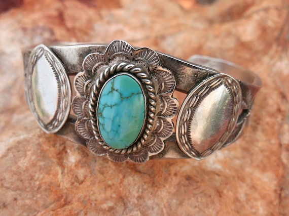 1930's Navajo Webbed Turquoise Bracelet, Sterling… - image 1