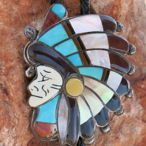 ZUNI RALPH QUAM, Indian Chief Bolo Tie, Signed & Sterling
