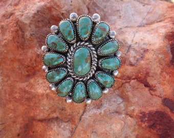 NEVADA TURQUOISE CLUSTER Ring, Zuni artist Signed L W, Sterling