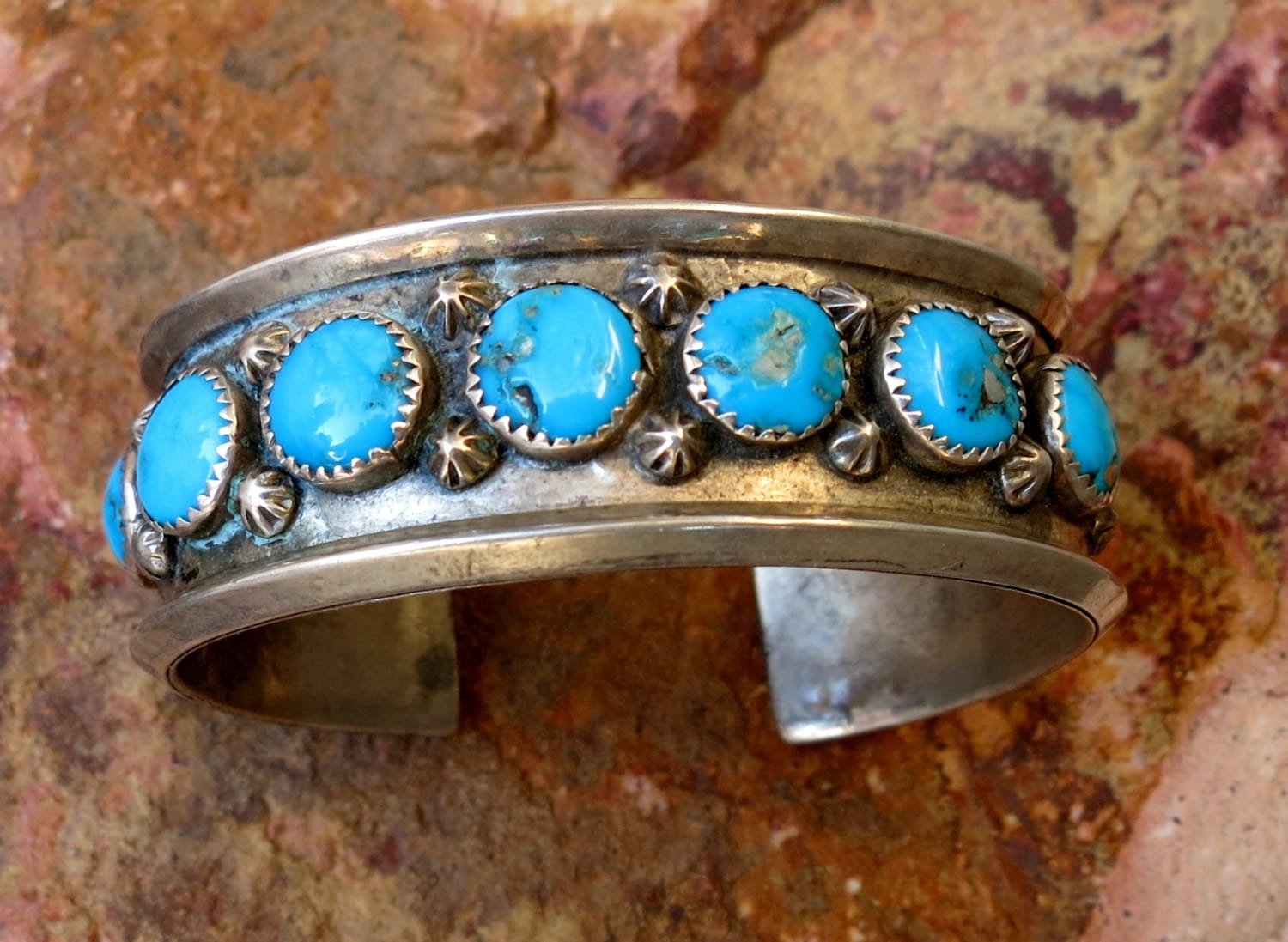 12 ROW TURQUOISE NAVAJO Bracelet, 61 Grams, Signed & Stamped