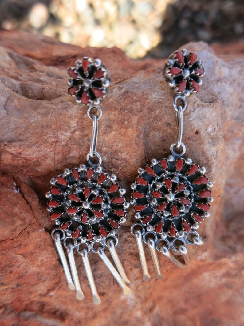 VINTAGE ZUNI CHANDELIER Earrings Coral Petit Point & Sterling Etsy