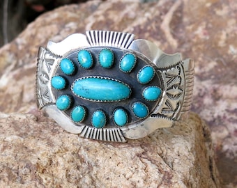 VINTAGE NAVAJO BRACELET by James Shay, 78 Grams, Turquoise, Signed & Stamped "Sterling"