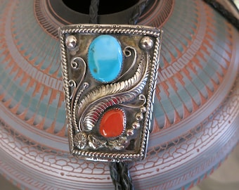 LARGE NAVAJO BOLO, Vintage, Turquoise, Coral, 68 Grams, Sterling Silver