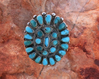 EXCELLENT OLD ZUNI Turquoise Cluster Ring, Sz 7 3/4, Sterling