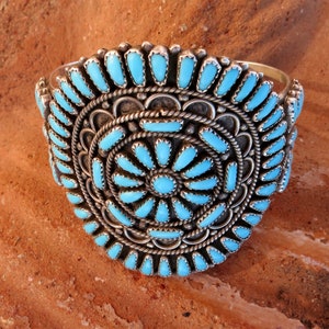 ZUNI TURQUOISE PETITPOINT Cluster Bracelet, 54 Grams, Signed & Stamped &quot; Sterling&quot;