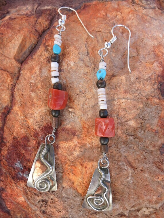 Vintage Native Dangles Earrings, Turquoise & Cora… - image 4